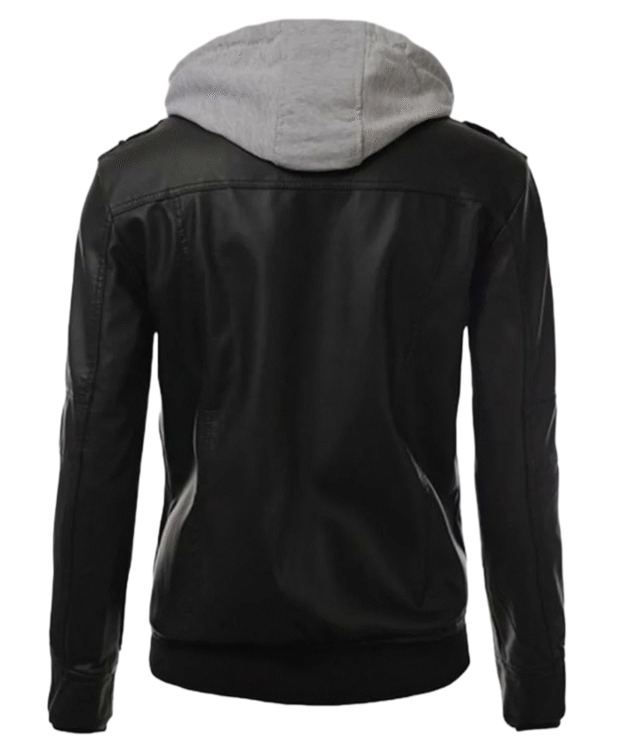 Mens Black Leather Hooded Jacket 1