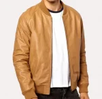 Mens Tan Brown Bomber Leather Jacket