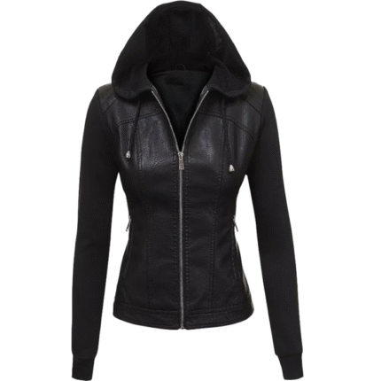 Womens Hooded Black Faux Leather Jacket 1