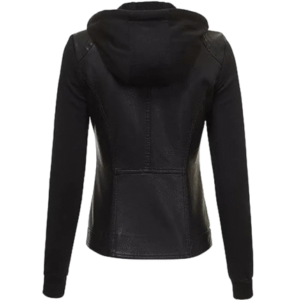 Womens Hooded Black Faux Leather Jacket 2
