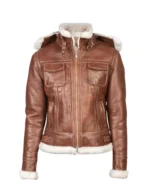 Women Brown Hooded Shearling Jacket