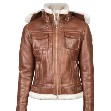 Women Brown Hooded Shearling Jacket