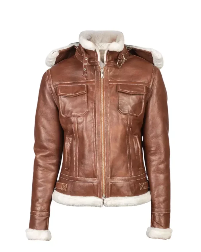 Women Brown Hooded Shearling Jacket