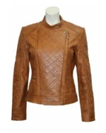 Women Brown Slim Fit Quilted Leather Jacket
