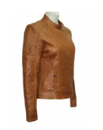 Women Brown Slim Fit Quilted Leather Jacket 2