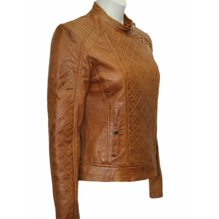 Women Brown Slim Fit Quilted Leather Jacket 2