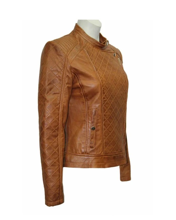 Women Brown Slim Fit Quilted Leather Jacket 2
