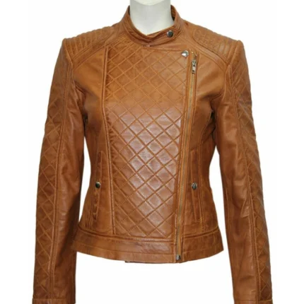 Women Brown Slim Fit Quilted Leather Jacket