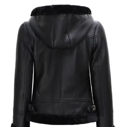 Women’s Leather Black Hooded Shearling Jacket 1
