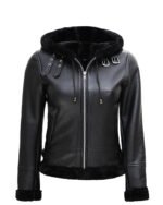 Women’s Leather Black Hooded Shearling Jacket