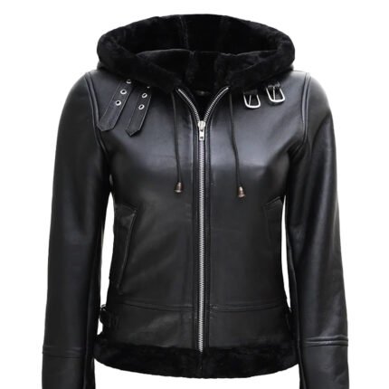 Women’s Leather Black Hooded Shearling Jacket