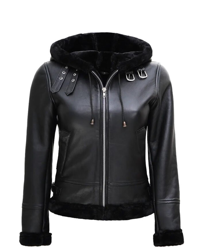 Women’s Leather Black Hooded Shearling Jacket