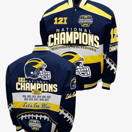 National Campions Michigan Wolverines Franchise Club Cotton Twill Full-Snap Navy Varsity Jacket