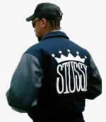 New Crown Stussy Navy Varsity Bomber Jacket For Unisex