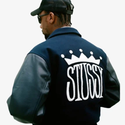 New Crown Stussy Navy Varsity Bomber Jacket For Unisex