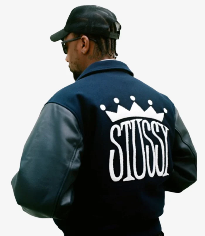 New Crown Stussy Navy Varsity Bomber Jacket For Unisex