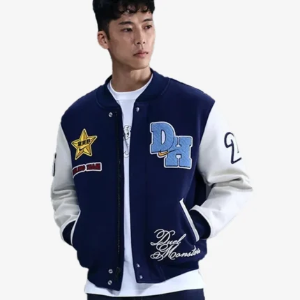 Nike x Yu-Gi-Oh Destroyer Blue And White Bomber Varsity Jacket For Unisex