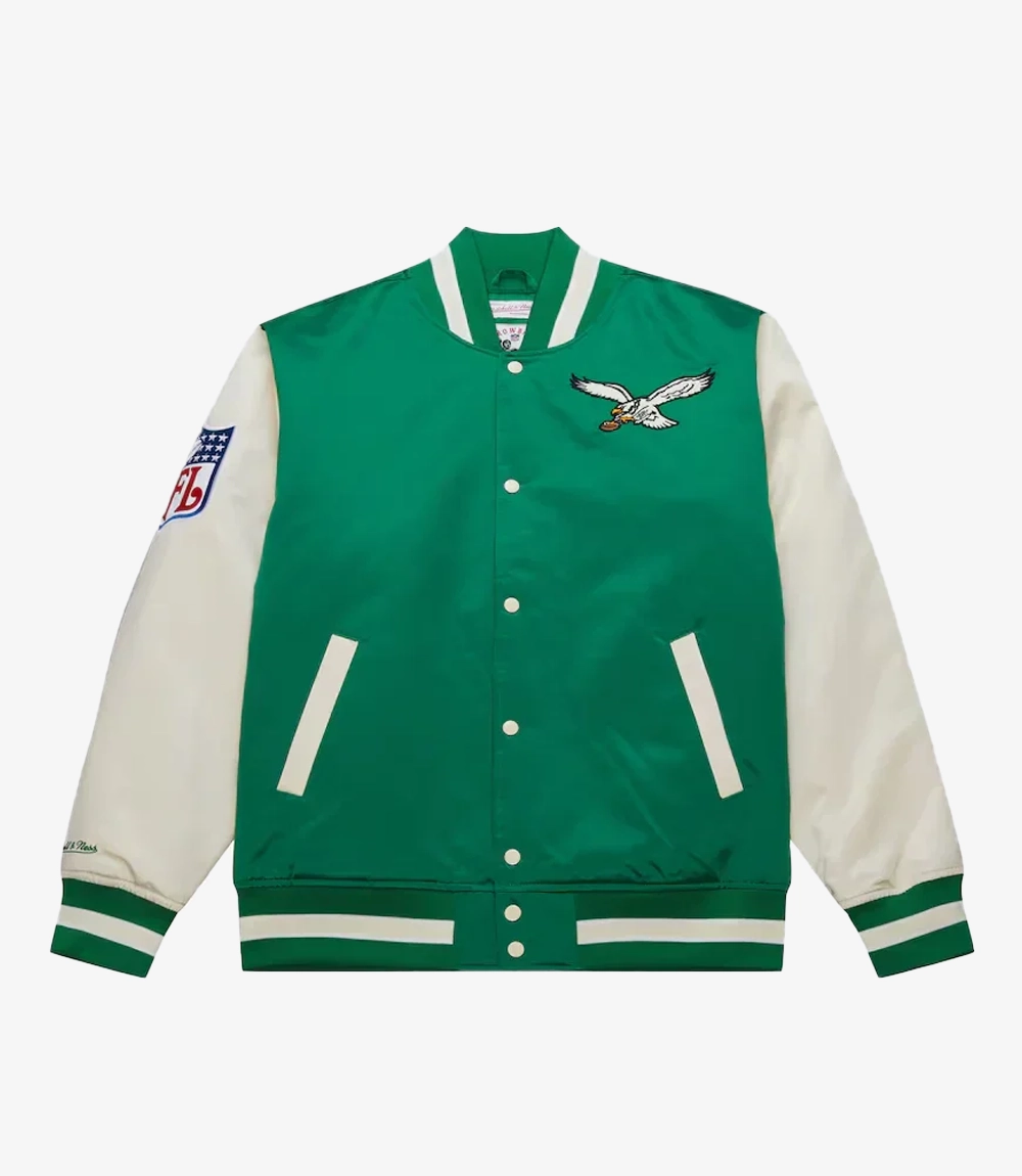 Philadelphia Eagles Kelly Green Primetime Philly Green Satin Varsity Jacket Philadelphia Eagles Kelly Green Primetime Philly Green Satin Varsity Jacket For Unisex