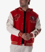 San Francisco 49ers The Wild Collective Red & White Hooded Varsity Jacket For Unisex