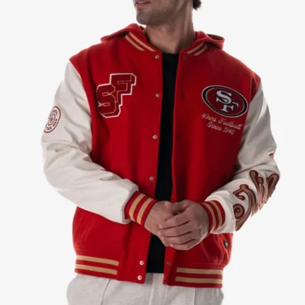 San Francisco 49ers The Wild Collective Red & White Hooded Varsity Jacket For Unisex