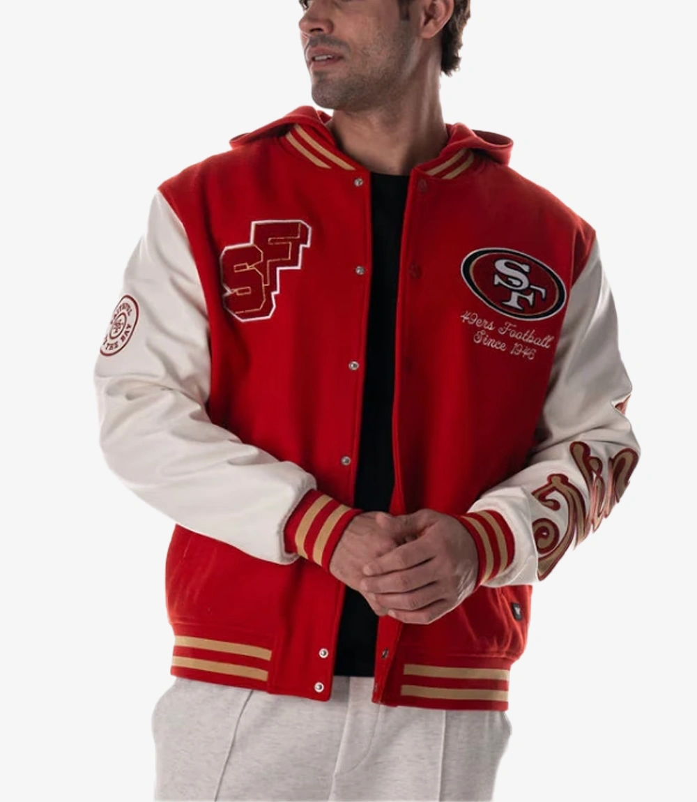 San Francisco 49ers The Wild Collective Red & White Hooded Varsity Jacket San Francisco 49ers The Wild Collective Red & White Hooded Varsity Jacket For Unisex