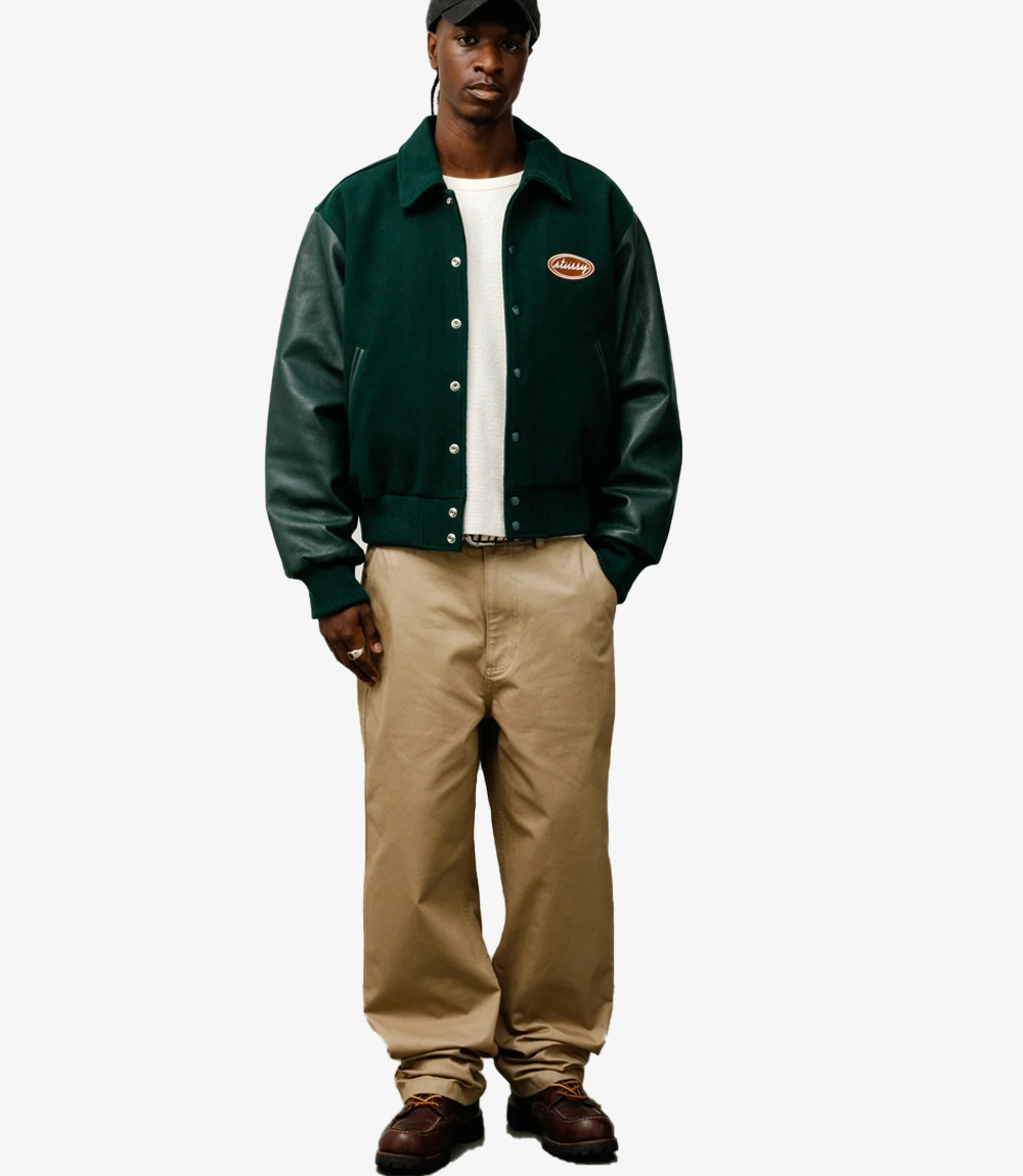 Stussy Script Oval Green Varsity Jacket Unisex Stussy Script Oval Green Varsity Jacket