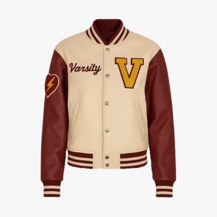 Unisex Beige ‘V’ Patch Letterman Jacket