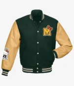 Hello Kitty Bruno Mars Embroidered Logo Full Snap Wool With Leather Sleeves Varsity Jacket For Unisex