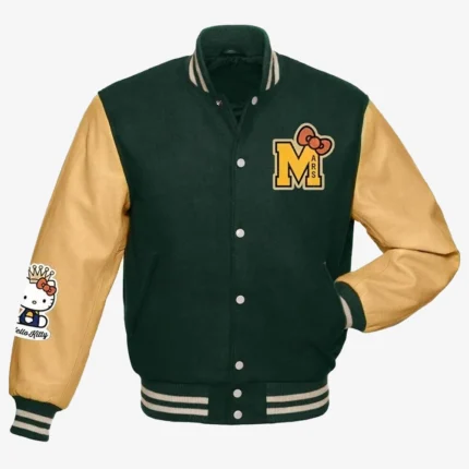 Hello Kitty Bruno Mars Embroidered Logo Full Snap Wool With Leather Sleeves Varsity Jacket For Unisex