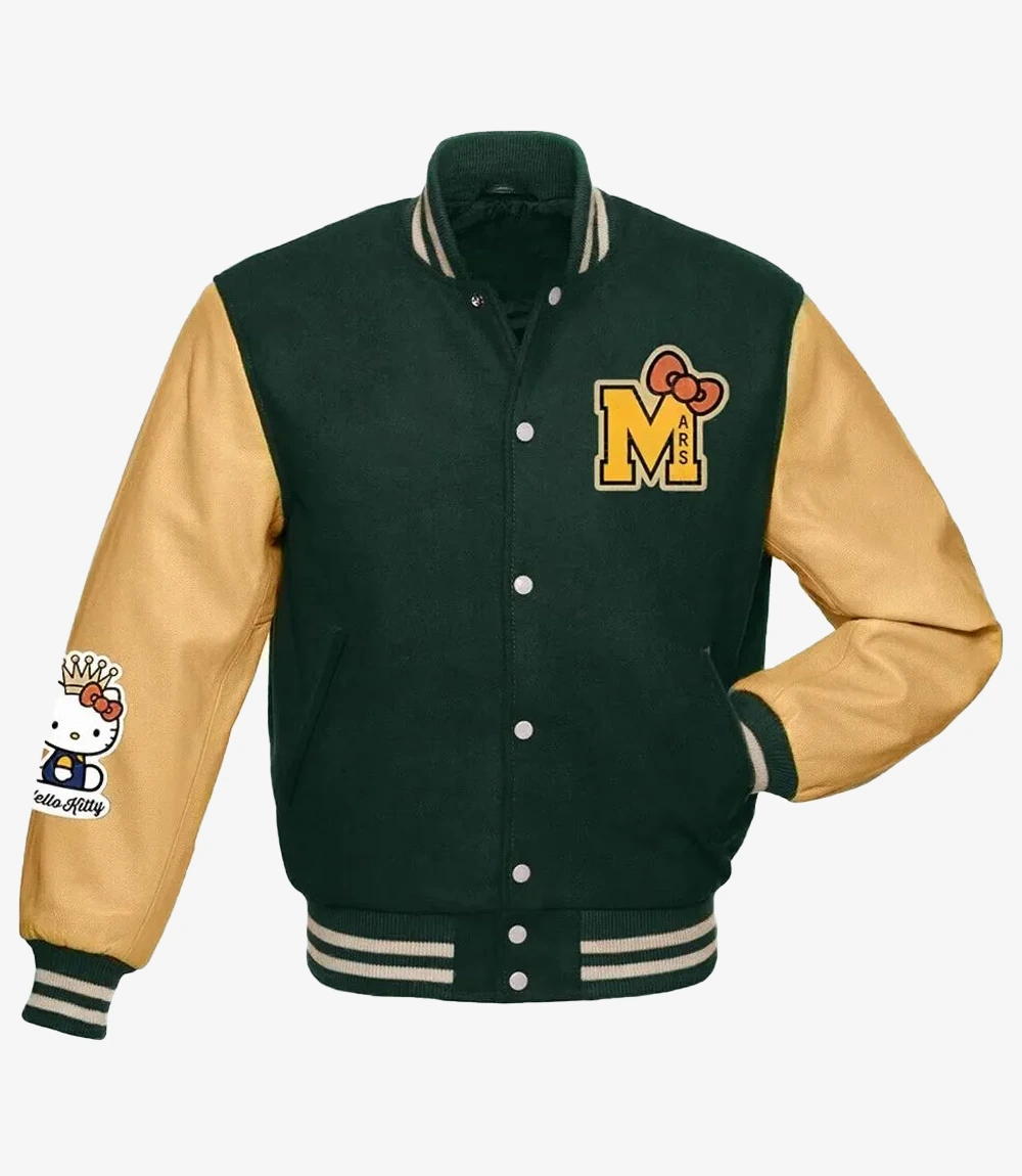 Hello Kitty Bruno Mars Embroidered Logo Full Snap Wool With Leather Sleeves Varsity Jacket Hello Kitty Bruno Mars Embroidered Logo Full Snap Wool With Leather Sleeves Varsity Jacket For Unisex