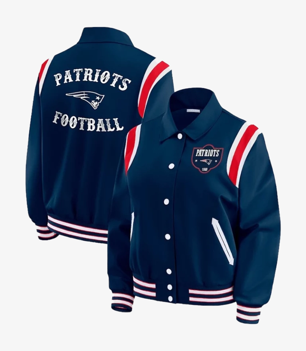 New England Patriots 2025 Navy Satin Varsity Jacket Wear By Erin Andrews Unisex New England Patriots 2025 Navy Satin Varsity Jacket Wear By Erin Andrews