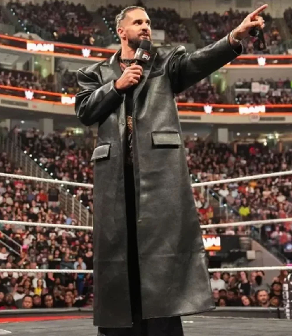 Seth Rollins Lenovo Center Monday Night RAW 2025 Black Leather Long Coat Unisex Seth Rollins Lenovo Center Monday Night RAW 2025 Black Leather Long Coat