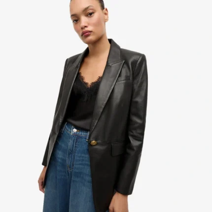 Women's Veronica Beard Black Vegan Leather Dickey Jacket Blazer