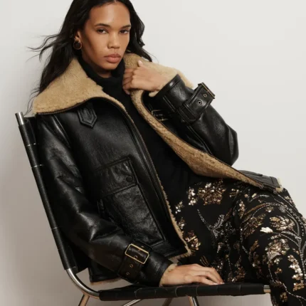 Veronica Danika Shiny Black Shearling Jacket For Womens