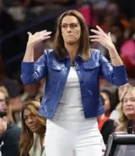 Stephanie White WNBA Playoffs 2025 Blue Leather Jacket