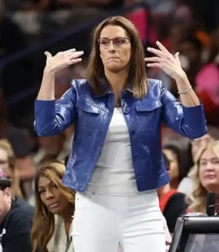 Stephanie White WNBA Playoffs 2025 Blue Leather Jacket