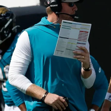 American Football Head Coach Liam Coen Jacksonville Jaguars Team Logo EverBank Stadium 2025 Blue Vest For Unisex