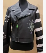 Women's Beetlejuice It’s Showtime Black Leather Biker Cropped Jacket