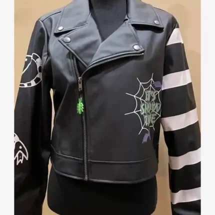 Women's Beetlejuice It’s Showtime Black Leather Biker Cropped Jacket