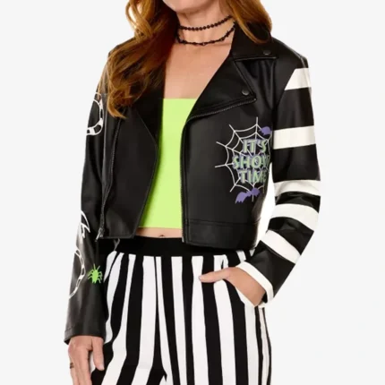 Beetlejuice It’s Showtime Black Leather Biker Cropped Jacket