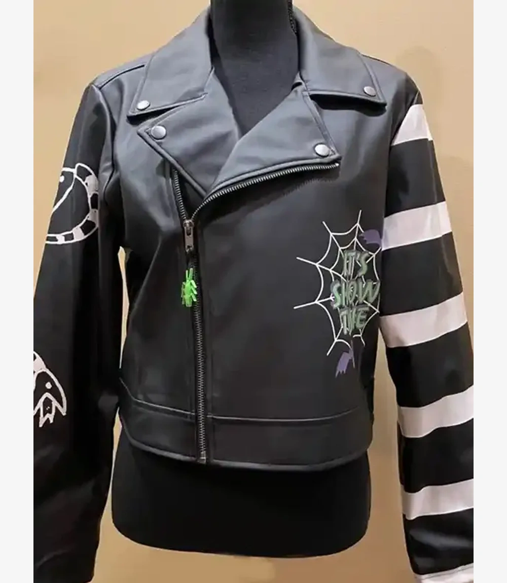 Beetlejuice It’s Showtime Black Leather Biker Cropped Jacket Women's Beetlejuice It’s Showtime Black Leather Biker Cropped Jacket