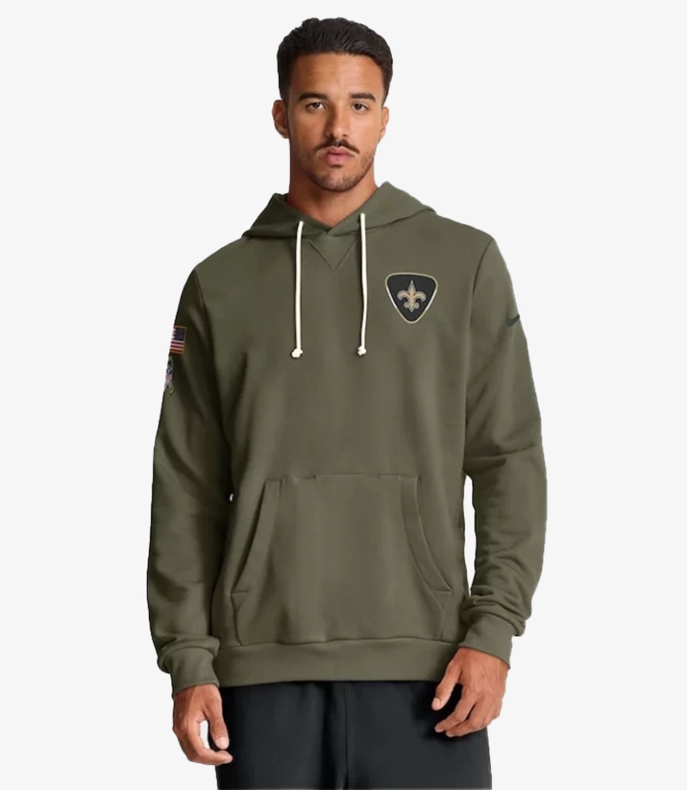 Coach Kellen Moore New Orleans Saints Salute to Service 2025 Olive Green Fleece Hoodie Unisex Coach Kellen Moore New Orleans Saints Salute to Service 2025 Olive Green Fleece Hoodie