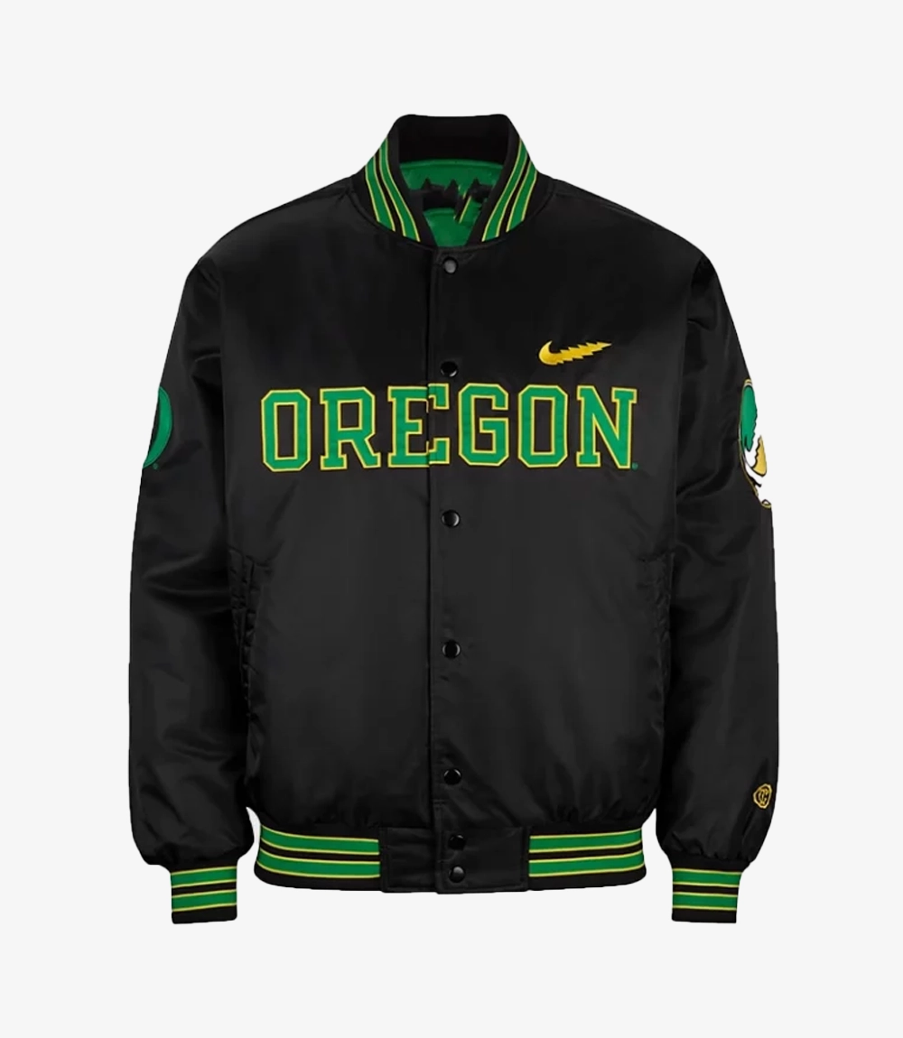 Nike Oregon Grateful Duck Satin Black Bomber Jacket Nike Oregon Grateful Duck Satin Black Bomber Jacket For Unisex