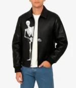 Unisex Peek-A-Boo Skeleton Black Bomber Leather Full-Zip & Shirt Collar Jacket