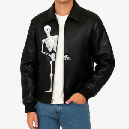 Unisex Peek-A-Boo Skeleton Black Bomber Leather Full-Zip & Shirt Collar Jacket