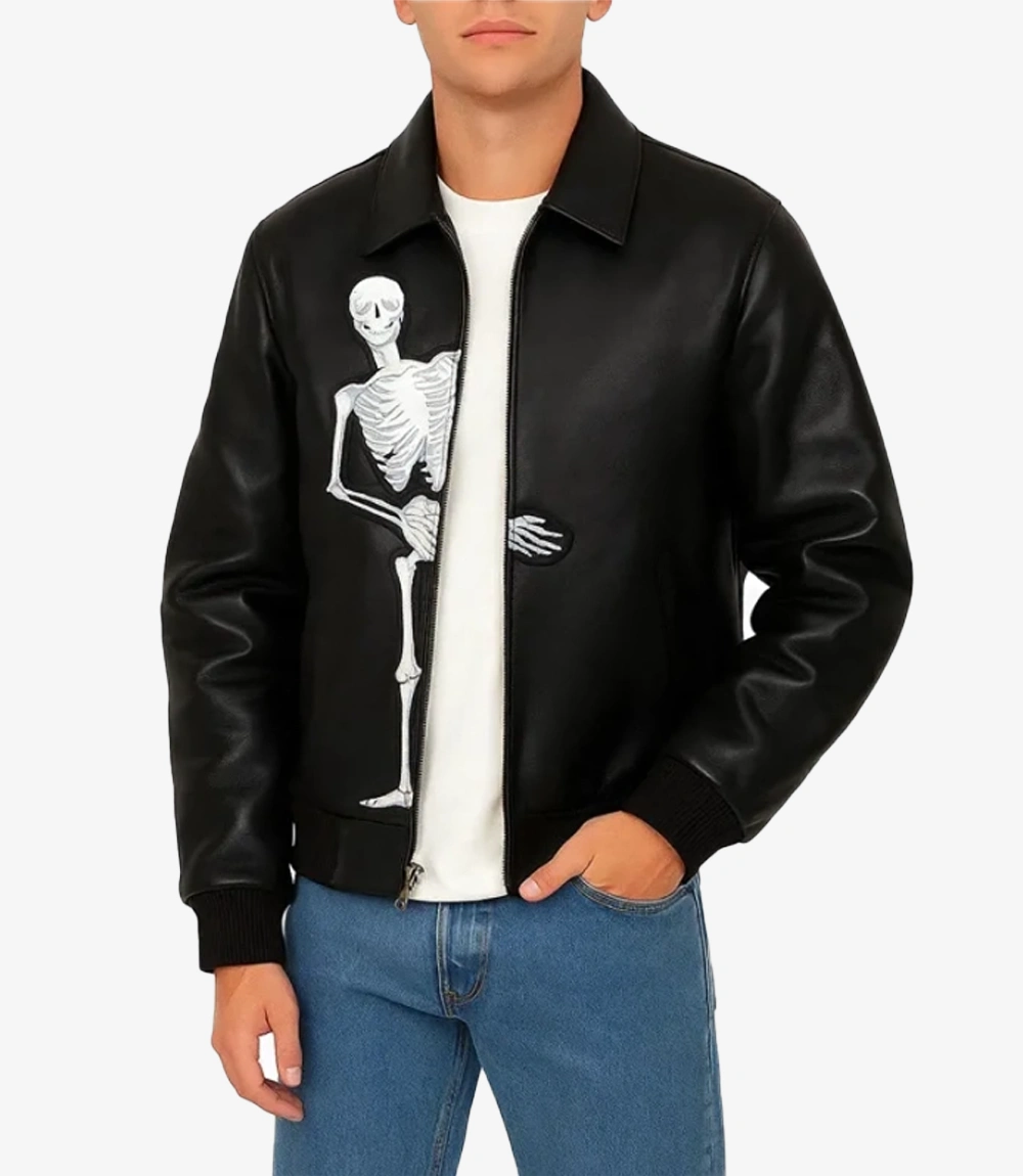 Peek-A-Boo Skeleton Black Bomber Leather Full-Zip & Shirt Collar Jacket Unisex Peek-A-Boo Skeleton Black Bomber Leather Full-Zip & Shirt Collar Jacket