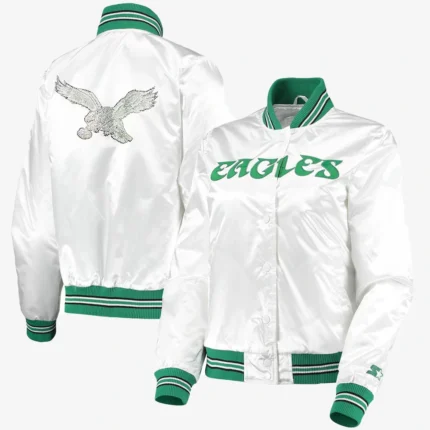 Starter White Philadelphia Eagles High Post Satin Rhinestone Full-Snap Jacket Unisex