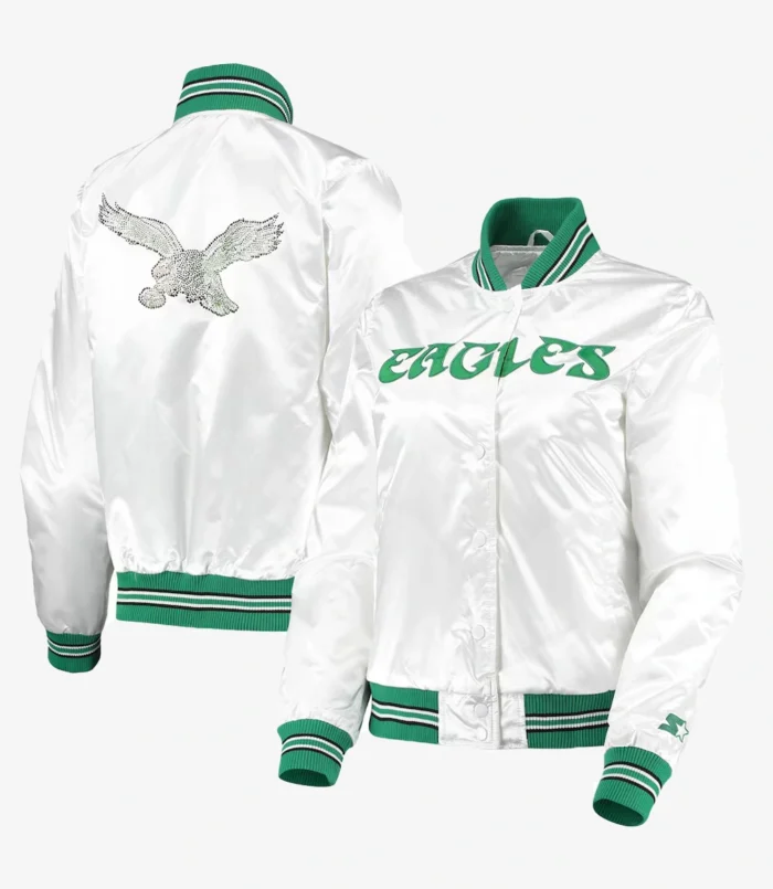 Starter White Philadelphia Eagles High Post Satin Rhinestone Full-Snap Jacket Unisex