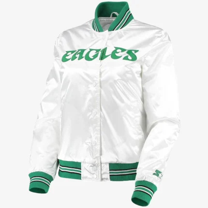 Starter White Philadelphia Eagles High Post Satin Rhinestone Full-Snap Jacket