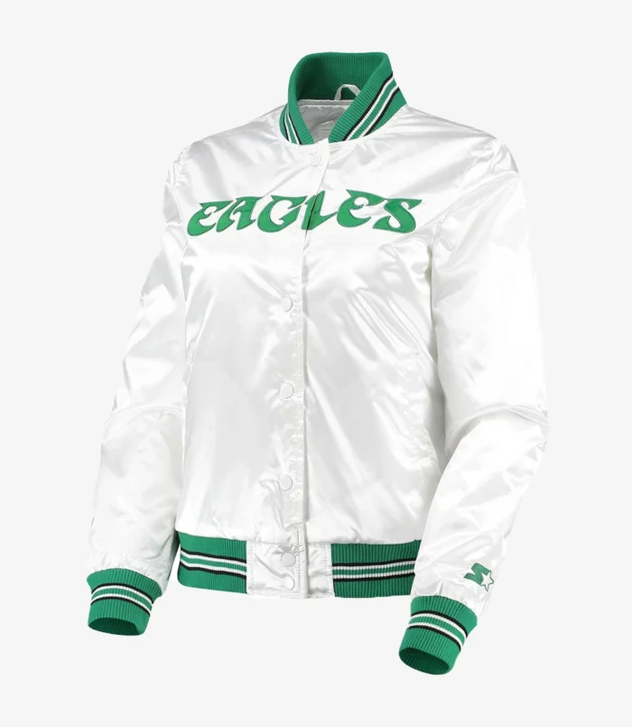 Starter White Philadelphia Eagles High Post Satin Rhinestone Full-Snap Jacket